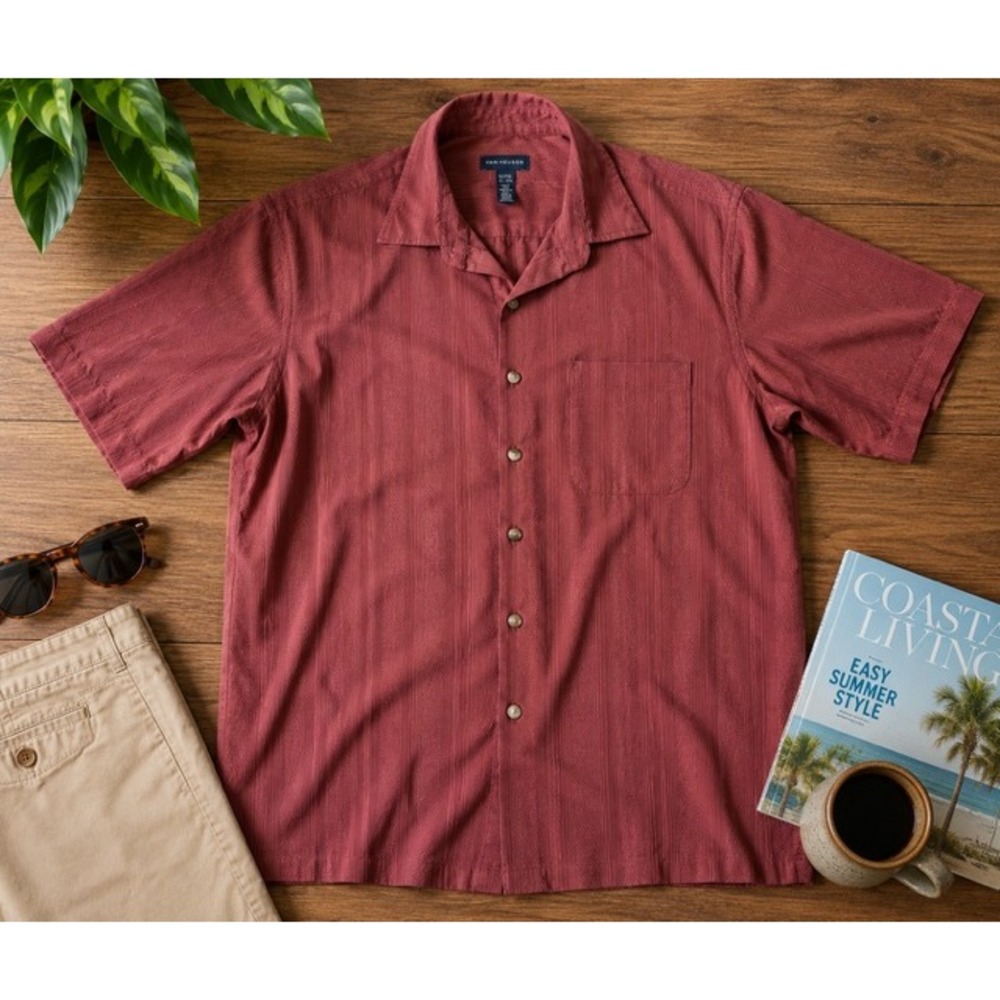 Van Heusen Mens XL Tall Terracotta Red Textured Short Sleeve Camp Button Shirt